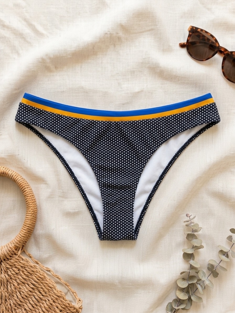 Polka Dot Bikini Bottom with Blue and Yellow Trim - Women Swim